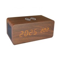 wooden digital LED alarm clock with wireless phone charging table clock bluetooth speaker